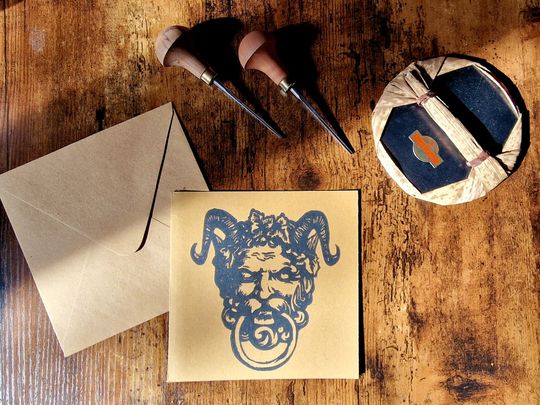 Discover Original hand-printed linocut - Postcard Devil's Door Knocker