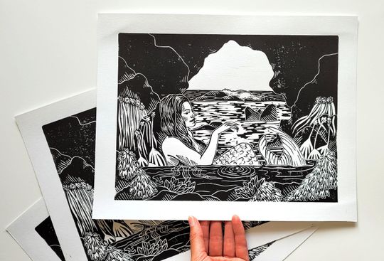 Discover Relaxing At Home - hand-printed lino-cut/block print depicting a mermaid relaxing in a tide pool cave - wall art, home decor, printmaking