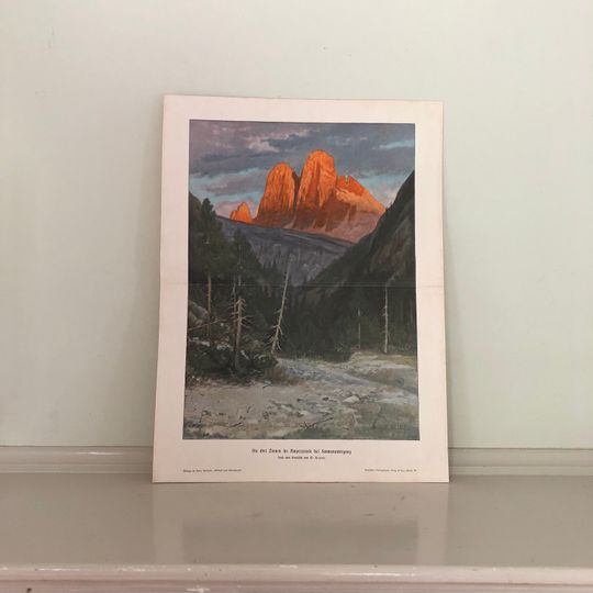 Discover c. 1900 THREE PEAKS at sunset in Ampezzo ITALY print original antique landscape mountain lithograph