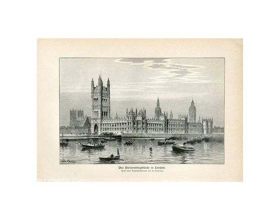 Discover c. 1890 LONDON PARLIAMENT building - original antique print - England UK city view - palace of Westminster - Big Ben -