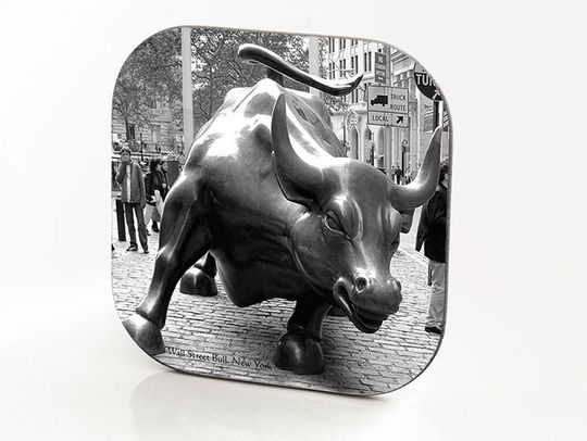 Discover Wall Street Bull New York Hardboard and Fiberglass Permanent Glossy Image Coaster