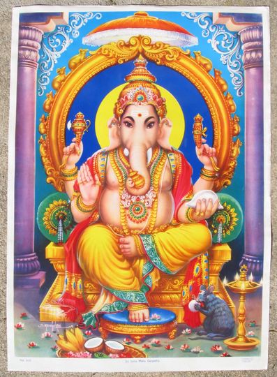 Discover Lord Ganesh ... Very Large Vintage Hindu Indian devotional poster print, 28 by 20 inches.