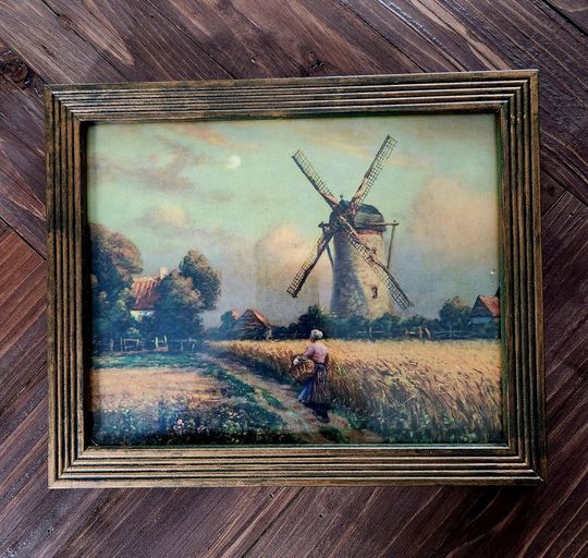 Discover Holland windmill...midcentury print....wooden frame...1950s
