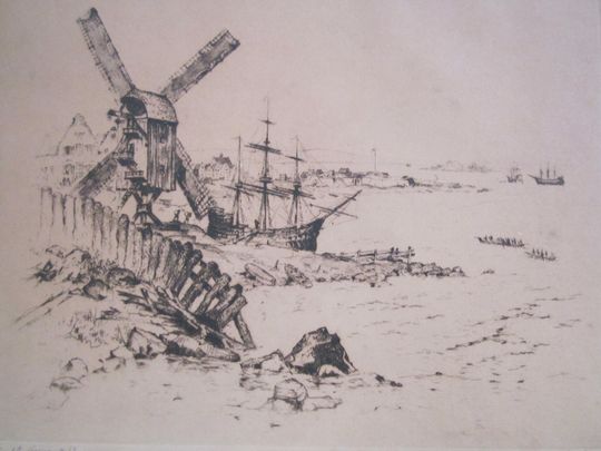 Discover Anton Schutz Etching: 300 Years of New York - Little town of New Amsterdam. Windmill and ship