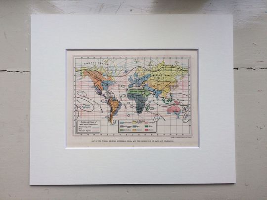 Discover 1880 Map of the World showing Isothermal Lines and the distribution of Races and Vegetation Original Matted Antique Print, 10 x 12 inches