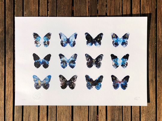 Discover Small Blue Butterfly Lithograph Print - Abstract Art for Interior Decoration
