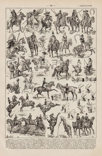 Discover antique french Larousse B&W Equitation illustration showing all the different techniques in history tout les different techniques , histoire