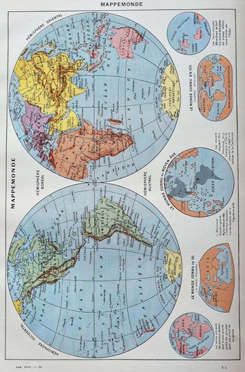 Discover 1949 MAPPEMONDE Original vintage poster Ancient  print Illustrated plank Illustrated 40s Mappemonde World