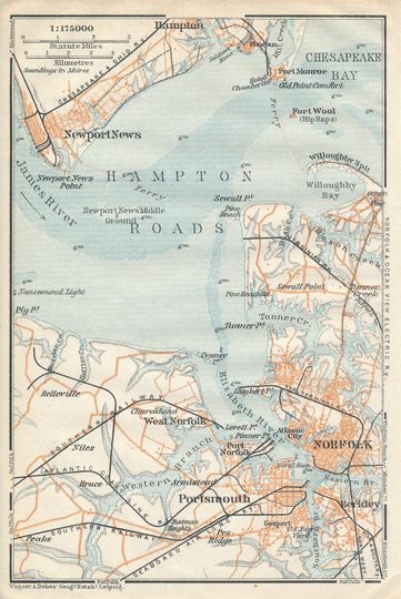 Discover 1909 Norfolk, Newport News, Hampton Roads Virginia Antique Map