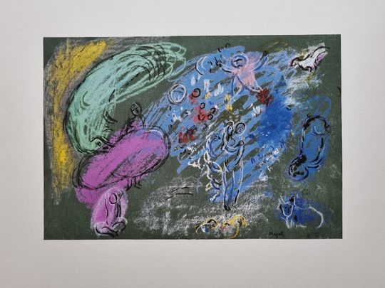 Discover Marc Chagall "Il Paradiso" Lithograph from the 80s. Limited edition. 51.8X36.5cm. - 20.47" x 14.56"
