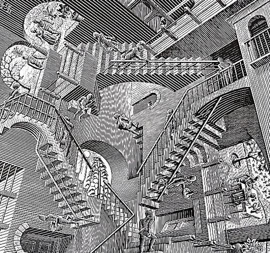Discover LARGE M.C. Escher Print RELATIVITY, July 1953 Woodcut, Vintage 1981 Fine Art Print - Perfect for Framing 14.5" x 10.75"