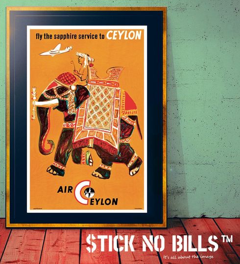 Discover Super A1 Travel Poster Ceylon, Sri Lanka  - Sapphire Elephant, 'Fly The Sapphire Service To Air Ceylon', 1955