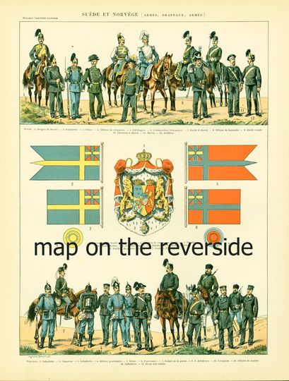 Discover 1897 Flags Uniforms and Map of Norway and Sweden Armies, Historical Antique Print, French Larousse Large Size, 115 Years Old
