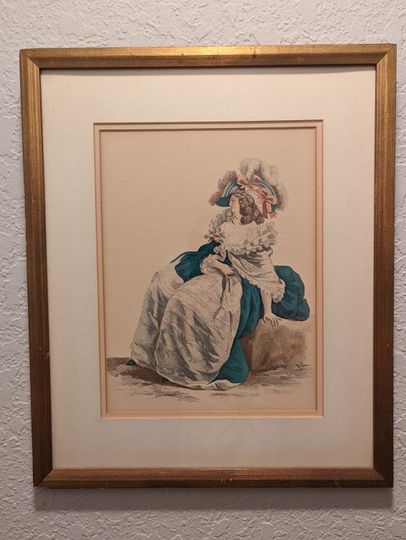 Discover Antique Lithograph.  Hand Colored 18th Century vintage Fashion litho.