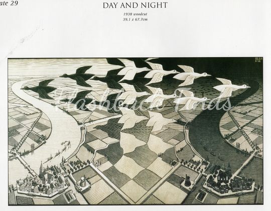 Discover MC Escher Day and Night Art Print/ Modern Relativity, Optical Illusion Metamorphosis II Drawing book plate, wall decor to frame/ 12 X 9 3/4"