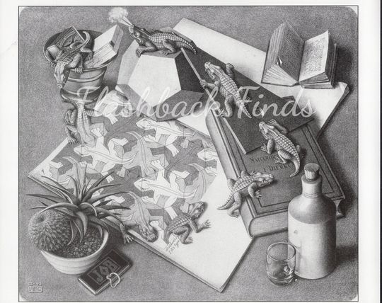 Discover MC Escher Reptiles Art Print/ Modern Relativity, Optical Illusion Lizard book plate wall decor to frame/ 12 X 12 1/8" H