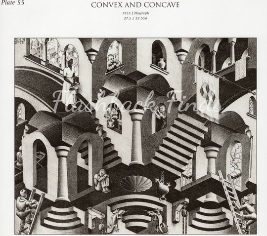 Discover MC Escher Convex and Concave Art Print/ Modern Relativity, Optical Illusion Liberation, book plate wall decor to frame/ 12" W X 12 1/8" H