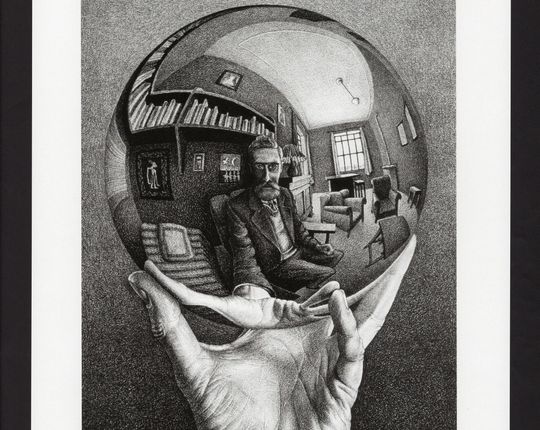 Discover MC Escher Hand with Reflecting Globe Art Print/ Modern Relativity, Optical Illusion Drawing, book plate wall decor to frame/ 10 1/4" X 14" H