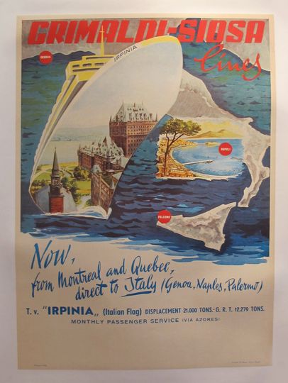 Discover 1960's Original Vintage Italian Grimaldi Siosa Lines + Rosanna Schiaffino poster - "Now, from Montreal and Quebec, direct to Italy"