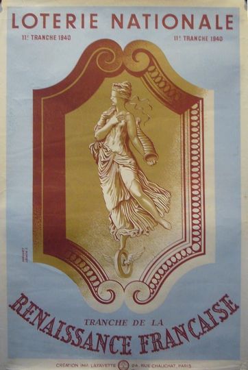 Discover 1940 French Art Deco Poster, Loterie Nationale Advertisement Renaissance Francaise - Derouet-Lesacq