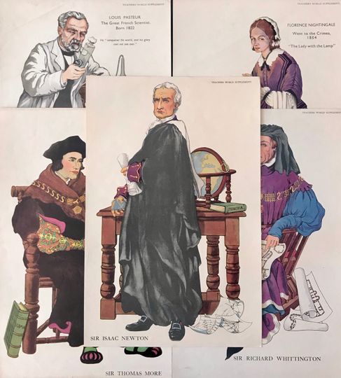 Discover 1920s British Historical Teaching Posters, Set of 5 (Louis Pasteur, Florence Nightingale, Richard Whittington, Isaac Newton, Thomas More)