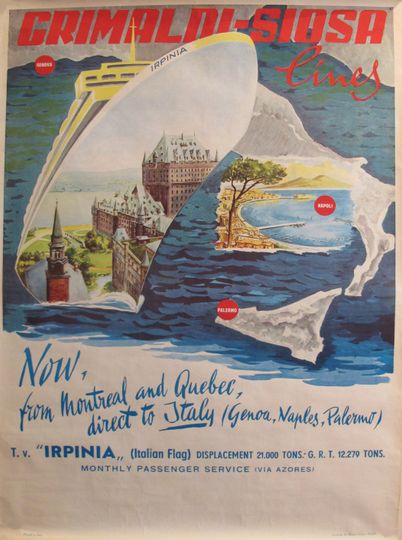 Discover 1960's Original Vintage Italian Grimaldi Siosa Lines + Rosanna Schiaffino poster - "Now, from Montreal and Quebec, direct to Italy"