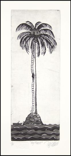 Discover etching, handprinted on paper, My Place, limited signed and numbered edition, Mariann Johansen-Ellis, palm tree, ocean