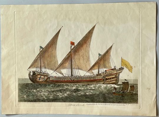 Discover Colored engraving - Galeasse a la voite - ca. 1690 - old drawing Sailing ship