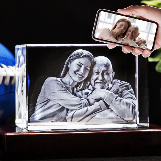 Discover 3D Laser Gifts Unique Home Decor, Custom Engraved Portrait, Gift for Him, Laser Etched Print, Fathers Day Gift | 3D Photo Crystal Rectangle