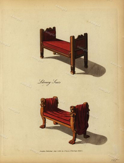 Discover 19th Century Original Antique Hand Colored Engraving Furniture engraving decorative art art decor- Library seats