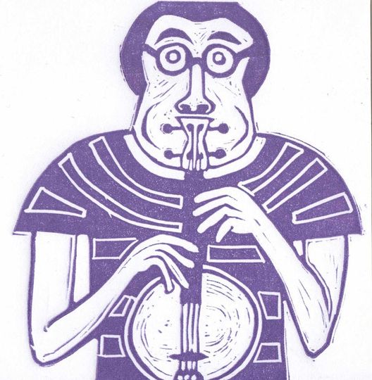 Discover Misuse of a banjo. lino cut print