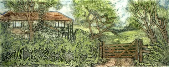 Discover Devon village hedgerow. Collagraph Homestead. Unique print