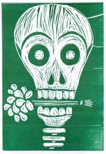 Discover Skull Suitor. lino cut print