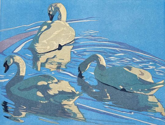 Discover Linocut of three swans