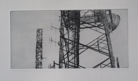 Discover Communications masts print, etching, drypoint, industrial, urban, landscape