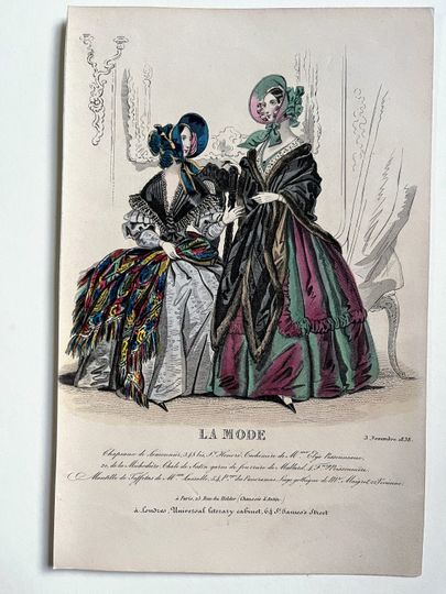Discover Antique French Hand Colored Fashion Plate Engraving, 1838, Women, 19th Century, Dress History, Costume, Inspiration, Art Print, Ladies