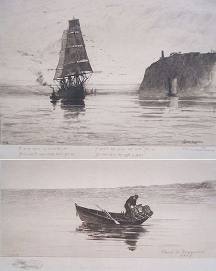 Discover Set of 2 Etchings: (1) "A Wind Came By" by Louis K. Harlow and (2) "Lobster Gatherers" by Mark M Maycock