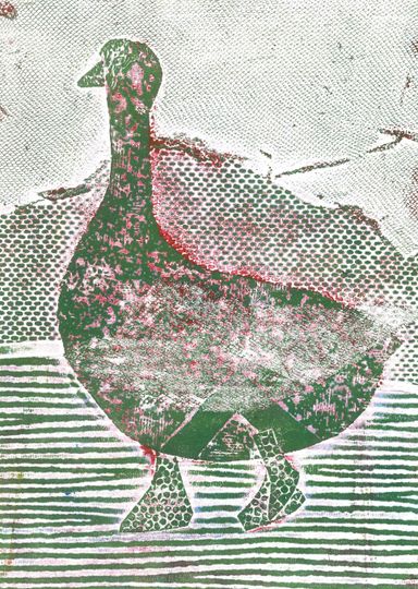 Discover Limited Edition! 'Waddle' Goose Collograph prints in purple and green