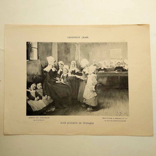 Discover Antique Gravure 'Primary School in Brittany' - traditional French Breton costume - Phototypie E. Bernard & Cie and Journal des Demoiselles