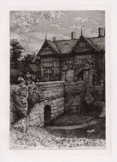 Discover Thomas Riley 1800s Etching "Speke Hall Manor House" Signed Framed COA