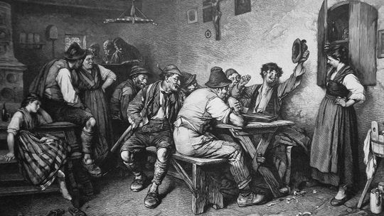 Discover AUSTRIA Tyrol Pubs Rowdy Hunters at Table Sing Folk Songs Schnadahupfeln Waitress Charmed - 1884 Victorian Era Antique Print Xylograph