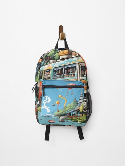 Discover A colorful bus with a magical city on top. | Backpack