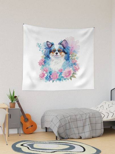 Discover Cute Papillon Dog Illustration generative ai | Tapestry
