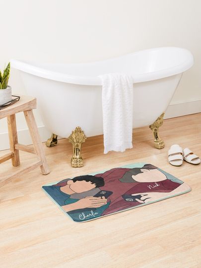 Discover Heartstopper - Nick and Charlie with their phones on bed | Bath Mat