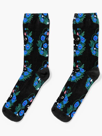 Discover Blue Flower Black Cat | Socks