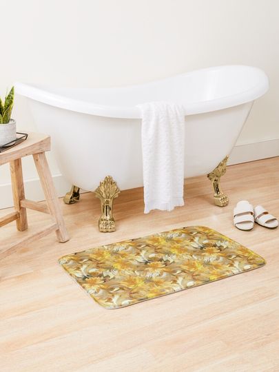 Discover Gold Flower pattern oil painting. gold shade2 | Bath Mat