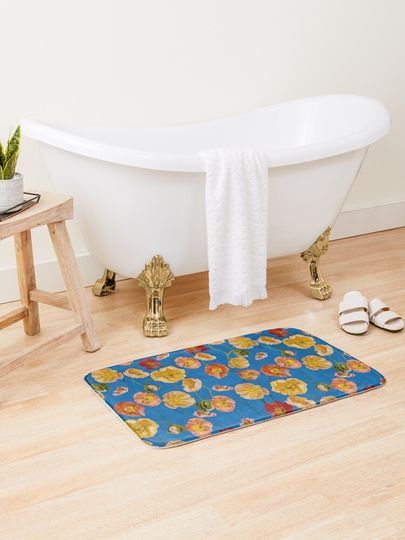 Discover Poppies on a blue background | Bath Mat