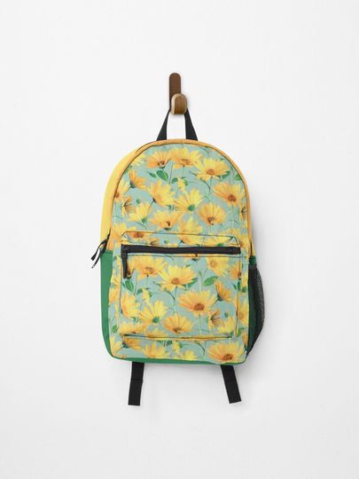 Discover Painted Golden Yellow Daisies on soft sage green | Backpack
