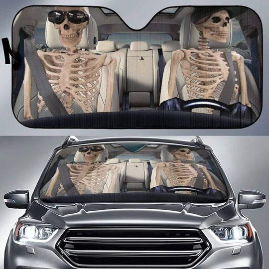 Discover Skull Driving Car Sun Shade, Funny Halloween Car WindShield