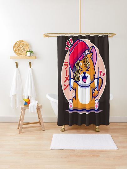 Discover Cute Cat Eating Ramen Kawaii Noodles | Shower Curtain